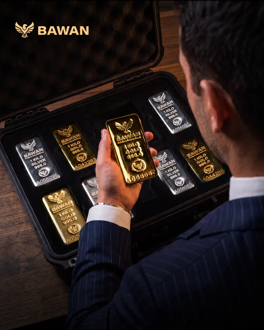 A sealed case of one kilo gold and silver bars