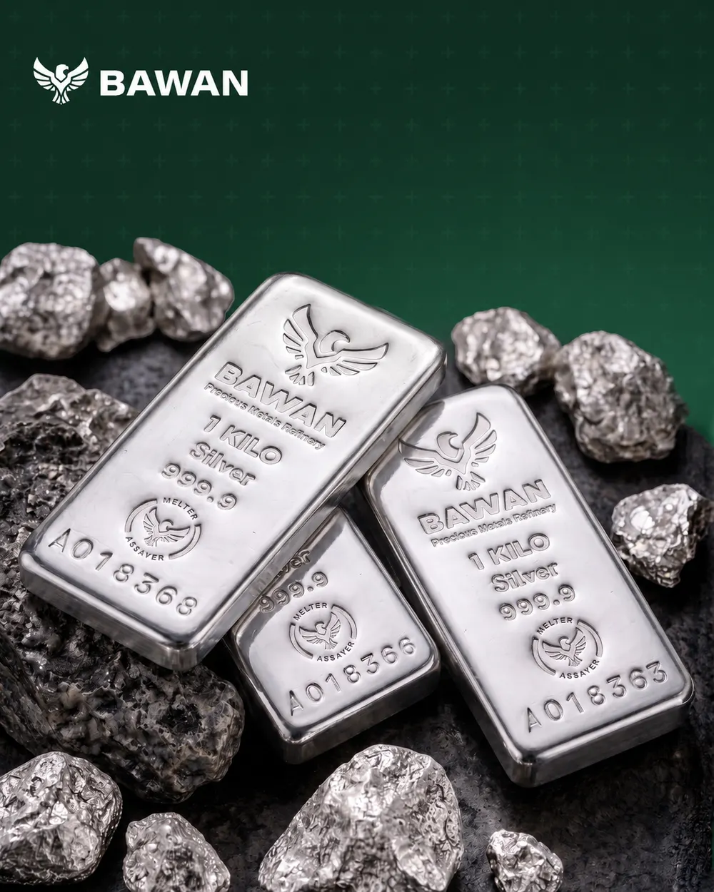 One kilo silver bars, 999.9 fine